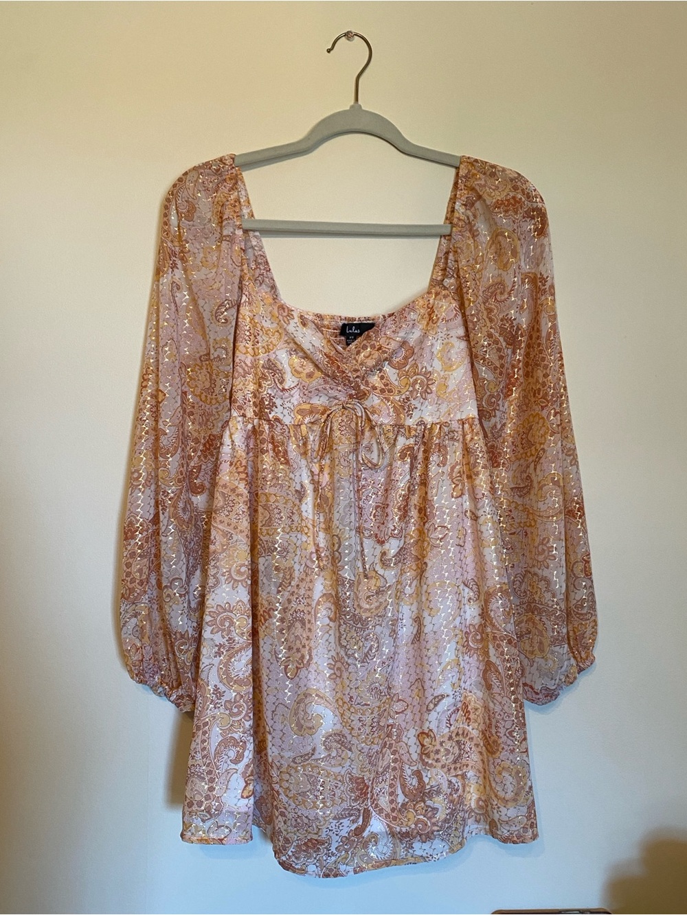 Lulu's Pink and Gold Paisley Long-Sleeve Peasant Dress